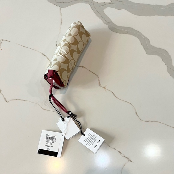 NWT Coach Printed Signature Mini Umbrella Gold Ivory Rouge Nylon - Picture 2 of 8